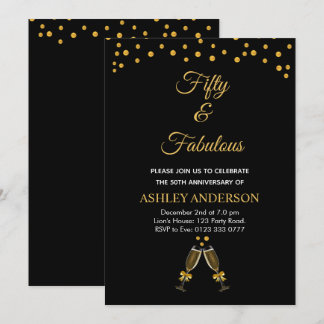 50 und fabelhaft mit goldenen Konfetti auf schwarz Einladung