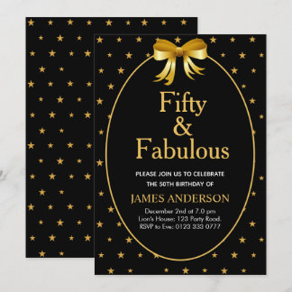 50 und fabelhaft mit goldenen Sternen auf schwarz Einladung