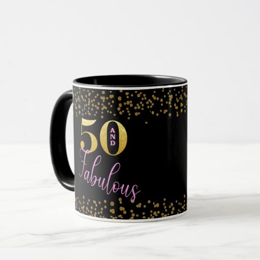 50 und fabelhaft Pink Black Gold Glitzer B'day Tasse (Vorderseite Links)