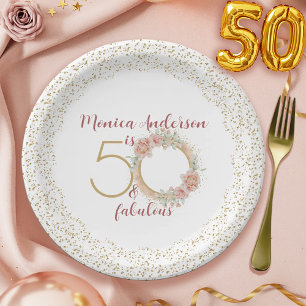 50 und Fabelhaft Rosa Blumen Gold Foto Geburtstag Pappteller
