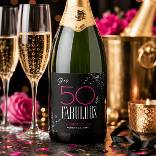 50 und Fabelhaft Schwarz Rosa Glam Funkelnder Gebu Schaumweinetikett