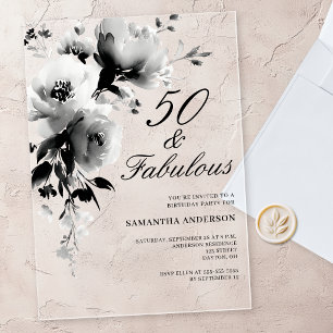 50 und Fabelhaft Schwarz Weiße Florale 50. Geburts Acryleinladungen