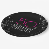 50 und Fabelhaft Schwarze Pink Glam Funkelnder Geb Pappteller (Schrägansicht)