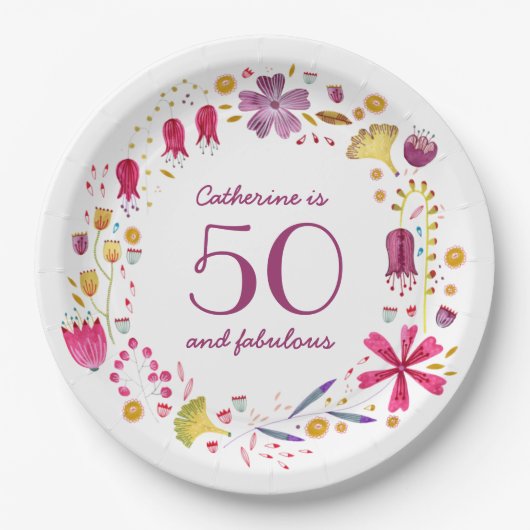 50 und fabelhafte Aquarellfarbe Blumenbezeichnung  Pappteller (Vorderseite)