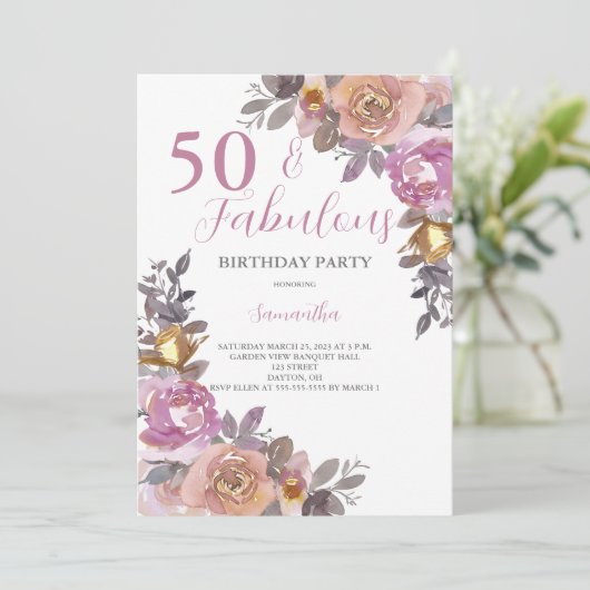 50 und fabelhafte Aquarellfarben Blumengeburt Part Einladung (Stehend Vorderseite)