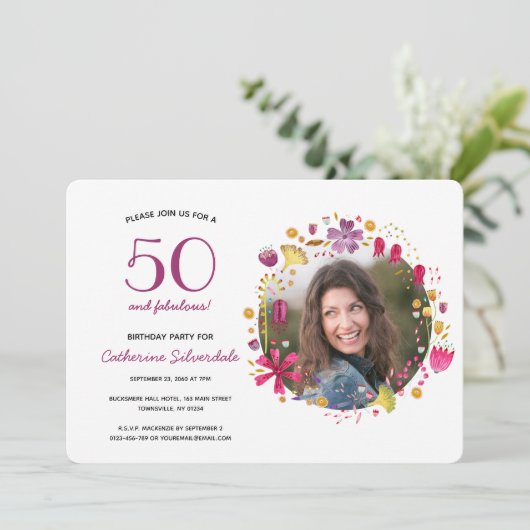 50 und fabelhafte Aquarellfarben Blumengeburt Part Einladung (Stehend Vorderseite)