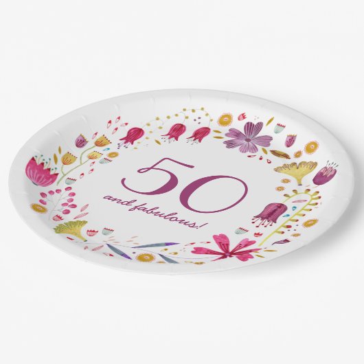 50 und fabelhafte Aquarellfarben Blumengeburt Part Pappteller (Schrägansicht)