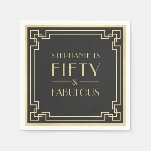 50 und fabelhafte Black and Gold Art Deco Geburtst Serviette (Vorderseite)