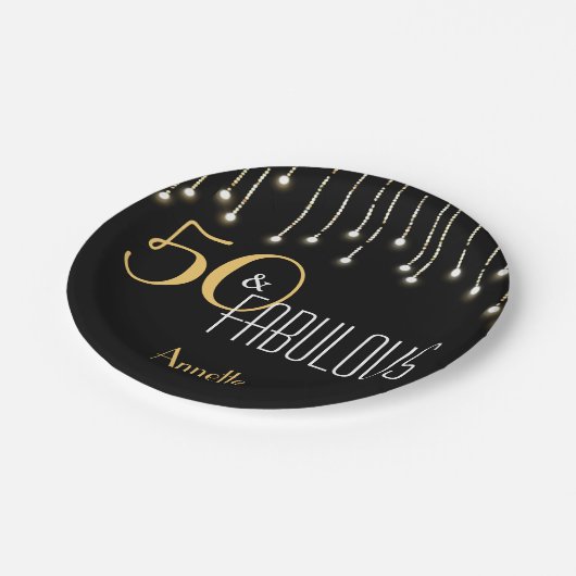50 und fabelhafte Black Gold Lights Glam Pappteller (Schrägansicht)