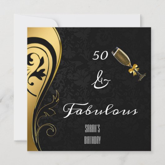 50 und fabelhafte Elegant Black & Gold Geburtstag Einladung (Vorderseite)