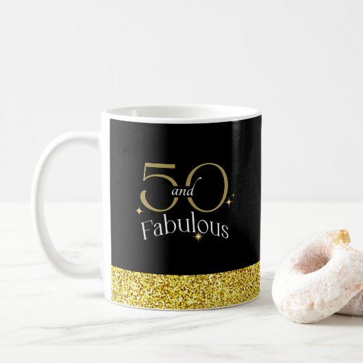 50 und fabelhafte Elegant Script Black Gold Glitze Tasse (Mit Donut)