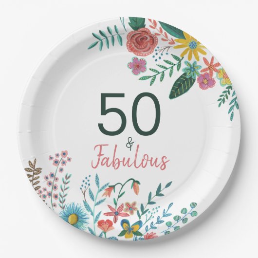 50 und fabelhafte elegante florale Wasserfarbe Pappteller (Vorderseite)