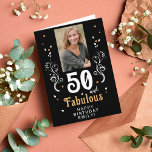 50 und fabelhafte Foliage 50. Geburtstags-Foto Karte<br><div class="desc">50 und fabelhafte Foliage 50. Geburtstagskarte. 50 und fabelhafter Text in trendigem,  weißem Skript mit einem Namen und weißem Blattwerk auf einem schwarzen Hintergrund. Personalisieren Sie es mit Ihrem Foto,  Ihrem Namen und dem Alter. Fügen Sie Ihren Text in die Karte ein oder löschen Sie ihn.</div>