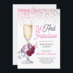 50 und fabelhafte Geburtstagsparty Einladung<br><div class="desc">Eine stilvolle,  moderne 50-köpfige Geburtstagsparty mit einem Blumensekt-Glas,  einem Sprinkle Glitzer und einer Kalligraphie mit rosa und schwarzer Typografie.</div>
