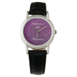 50 und fabelhafte Geburtstagszeit rosa Lila Glitte Armbanduhr