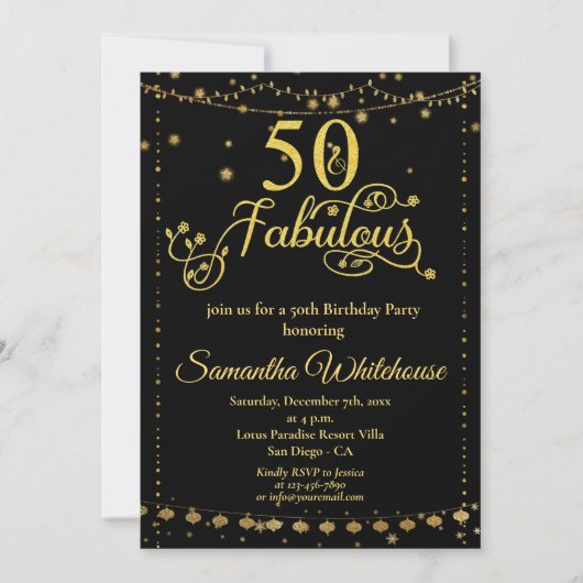 50 und fabelhafte Glitzer Gold Black Birthday Part Einladung (Vorderseite)