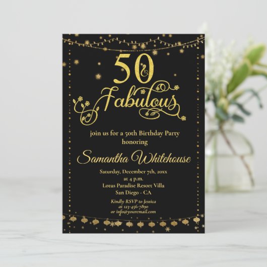 50 und fabelhafte Glitzer Gold Black Birthday Part Einladung (Stehend Vorderseite)