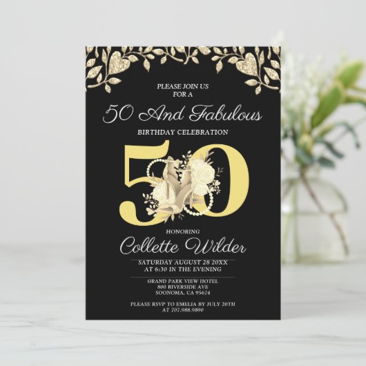 50 und fabelhafte Gold Black Birthday Einladung (Stehend Vorderseite)