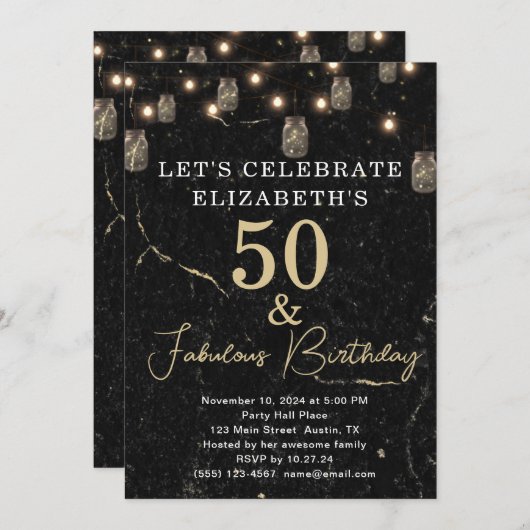 50 und fabelhafte Gold Black Marble Mason Jar Ligh Einladung (Vorne/Hinten)