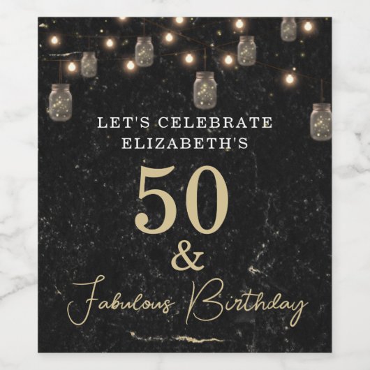 50 und fabelhafte Gold Black Marble Mason Jar Ligh Weinetikett (Einzelnes Label)