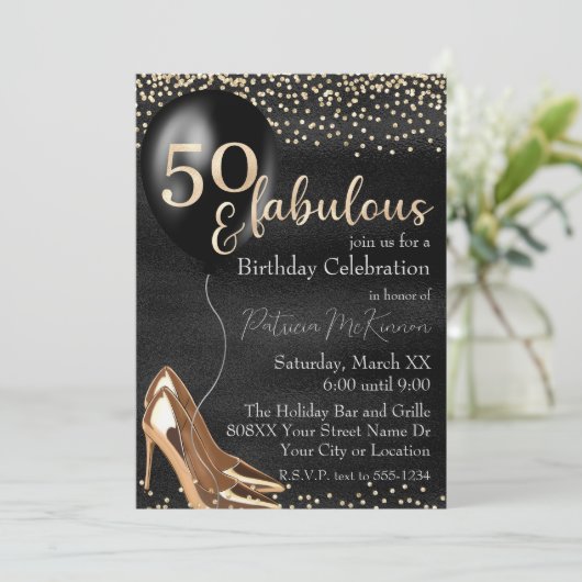 50 und fabelhafte Gold High Heels auf schwarz Einladung (Stehend Vorderseite)