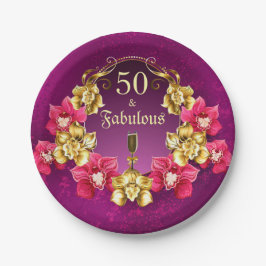 50 und fabelhafte Gold-Rosa-Orchideen und Champagn Pappteller