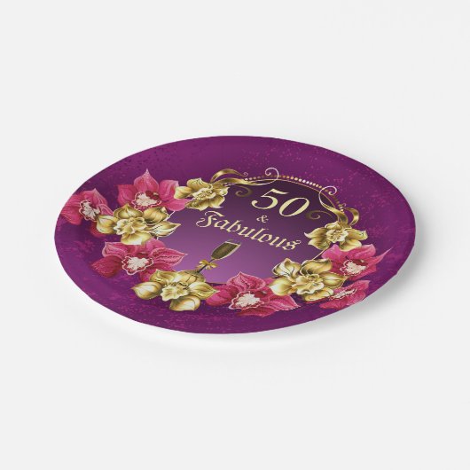 50 und fabelhafte Gold-Rosa-Orchideen und Champagn Pappteller (Schrägansicht)