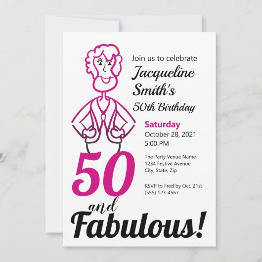 50 und fabelhafte Pink und Schwarze Funny Lady Einladung (Vorderseite)