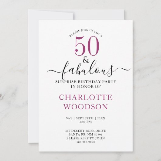 50 und fabelhafte rosa Burgund Blüte Einladung (Rückseite)