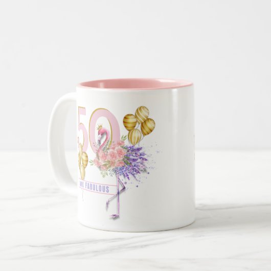 50 und fabelhafte rosa Flamingo-Tasse Zweifarbige Tasse (Vorderseite Links)
