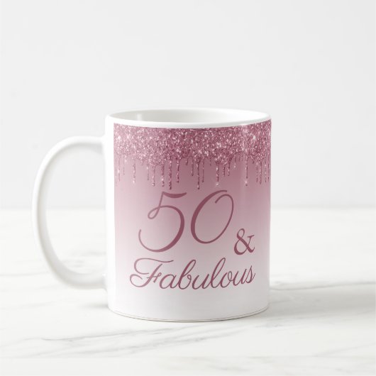50 und fabelhafte Rose Gold Pink Dripping Glitzer Kaffeetasse (Links)