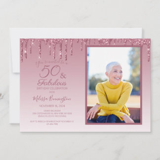 50 und fabelhafte Rose Gold Pink Glitzer Foto Einladung