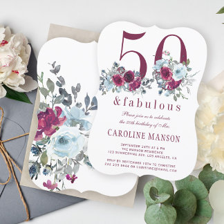 50 und fabelhafte rot bordeauxrot florale 50. Gebu Einladung