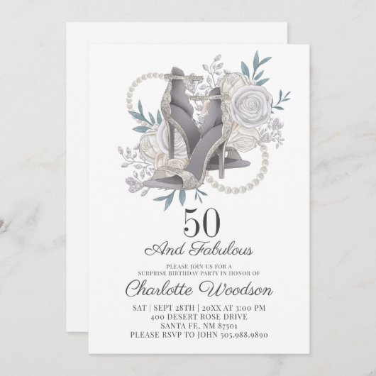 50 und fabelhafte Silver Glitzer Dancing Shoes Einladung (Vorne/Hinten)