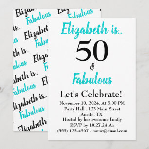 50 und fabelhafte türkisfarbene schwarze Skriptein Einladung