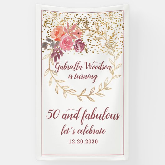 50 und fabelhafter, blumenrosa Marsala-Glitzer Banner (Vertikal)