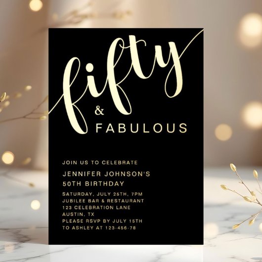 50 und fabelhaftes Birthday Black Gold Folieneinladung