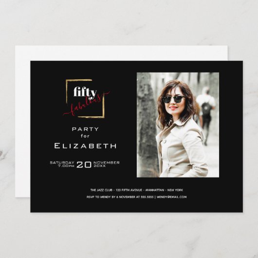 50 und fabelhaftes Black and Gold Foto Einladung (Vorne/Hinten)