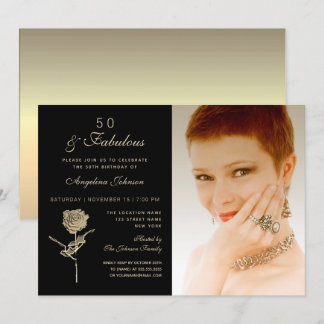50 und fabelhaftes, elegantes Black Gold Floral Fo Einladung