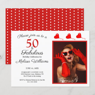 50 und fabelhaftes Foto Rot 50. Geburtstag Weiß Ro Einladung