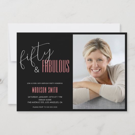 50 und fabelhaftes Foto Schwarz und Rosa 50. Gebur Einladung (Vorderseite)