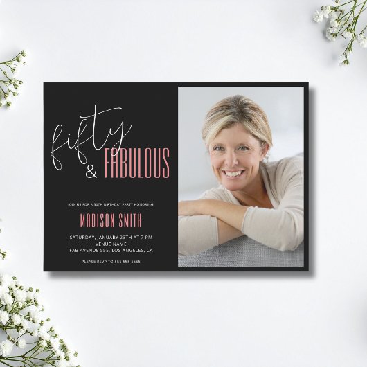 50 und fabelhaftes Foto Schwarz und Rosa 50. Gebur Einladung