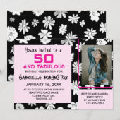 50 und fabelhaftes Foto Schwarz-weiß rosa Blüte Einladung (Vorne/Hinten)