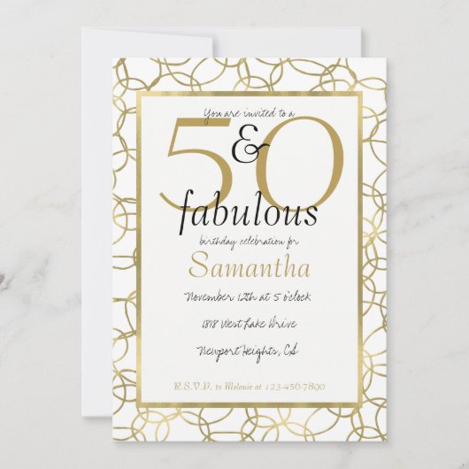 50 und fabelhaftes Glam Gold White Circles Party Einladung (Vorderseite)