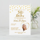 50 und fabelhaftes Glam White und Gold Foto Geburt Einladung (Stehend Vorderseite)