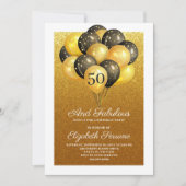 50 und fabelhaftes Gold Glitzer Black Balloons Par Einladung (Vorderseite)