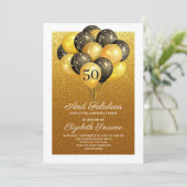50 und fabelhaftes Gold Glitzer Black Balloons Par Einladung (Stehend Vorderseite)