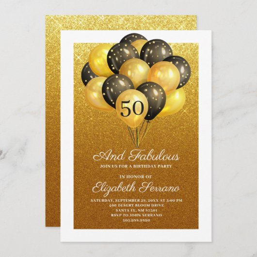 50 und fabelhaftes Gold Glitzer Black Balloons Par Einladung (Vorne/Hinten)