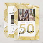 50 und fabelhaftes goldweißes Foto Geburtstag Einladung (Vorne/Hinten)