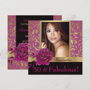 50 und fabelhaftes Lila Gold Damask Foto Geburtsta Einladung